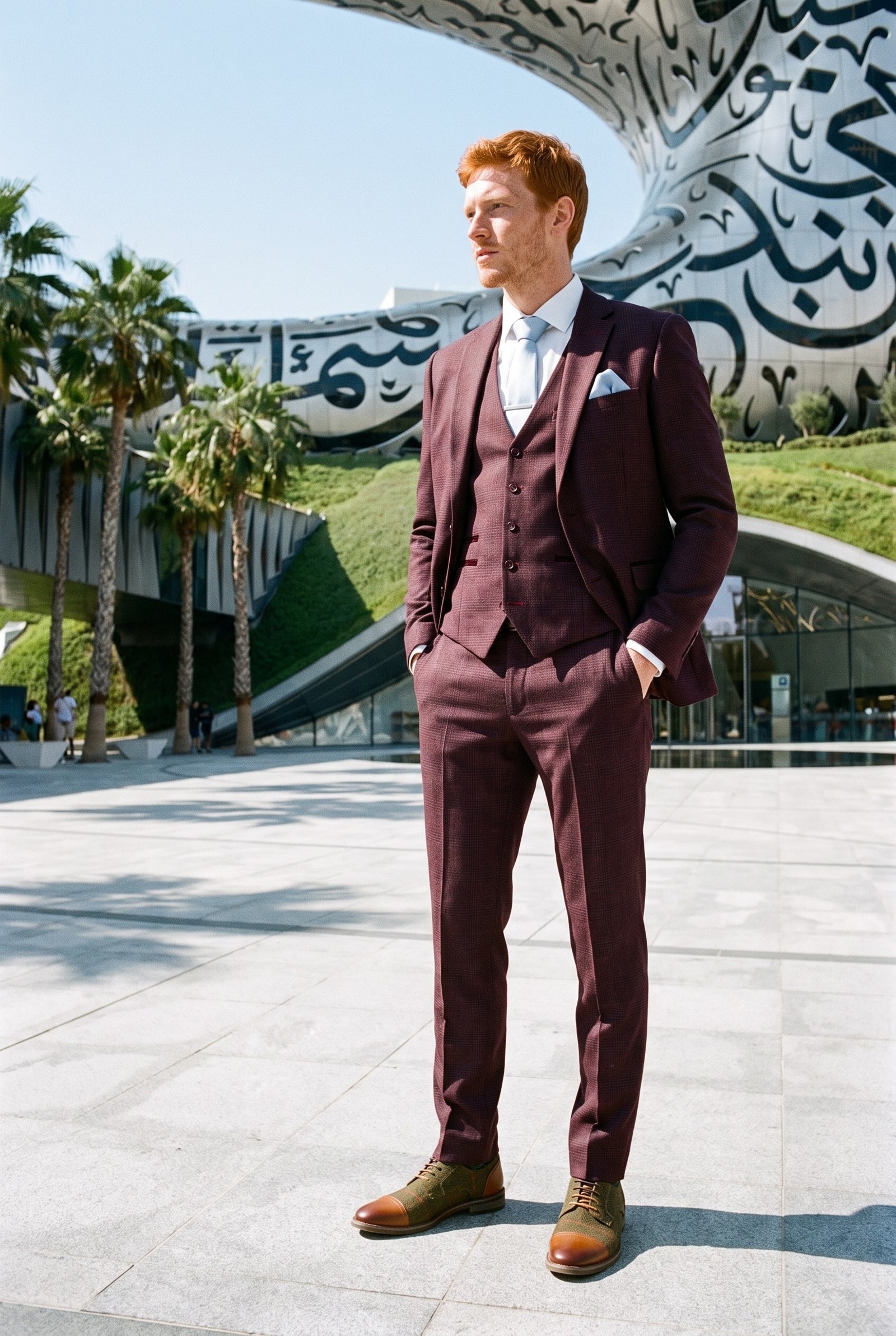 Look #286 styled with Regent - Heren wijnrood 3-delig Prince of Wales geruit pak