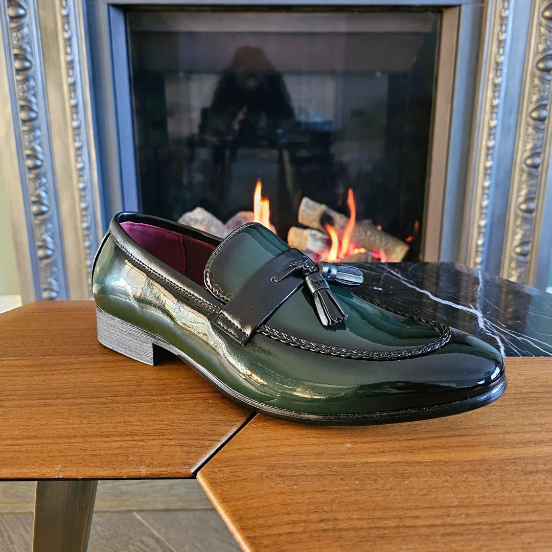 Men's Patent Tassel Slip On Green Loafers