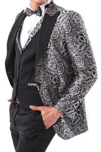 Mens Silver Floral Black Tuxedo Suit 3 Piece Wedding Prom Party Grooms Ceremony