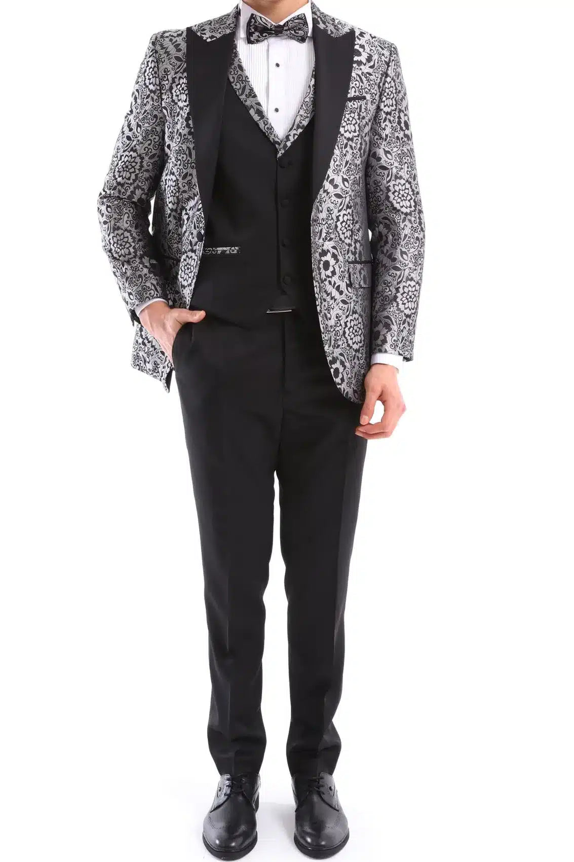 Mens Silver Floral Black Tuxedo Suit 3 Piece Wedding Prom Party Grooms Ceremony