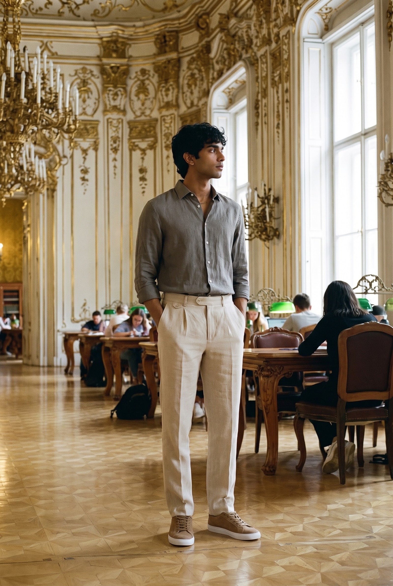 Look #1018 styled with Beige herenbroek van 100% linnen met plooien en trekkoord, relaxte rechte pasvorm.