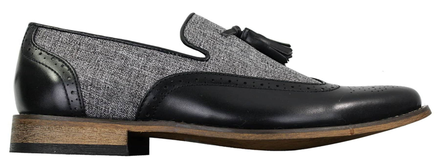 Mens Tweed & Leather Loafers Driving Shoes Slip On Tassle Design Vintage Retro