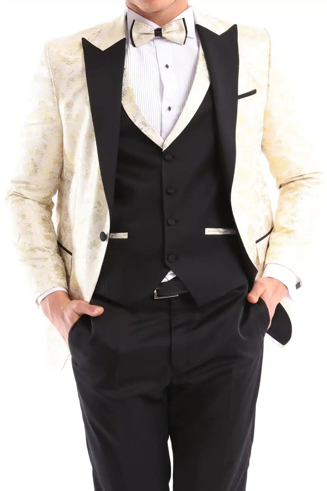 Mens 3 Piece Cream Black Ivory Suit Bow Tie Tuxedo Ceremony Wedding Grooms Prom