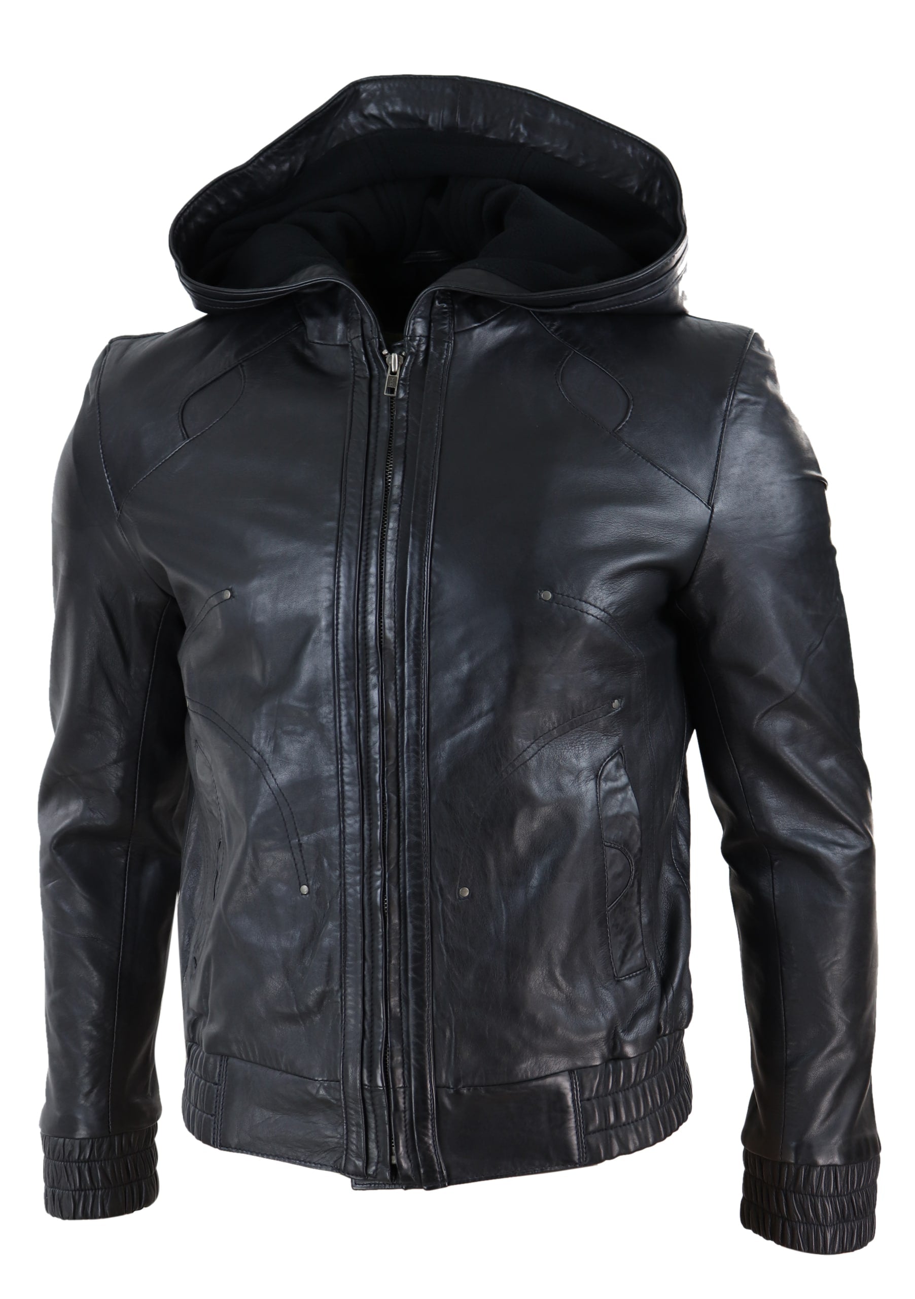 Mens Black Leather Bomber Jacket with Hood