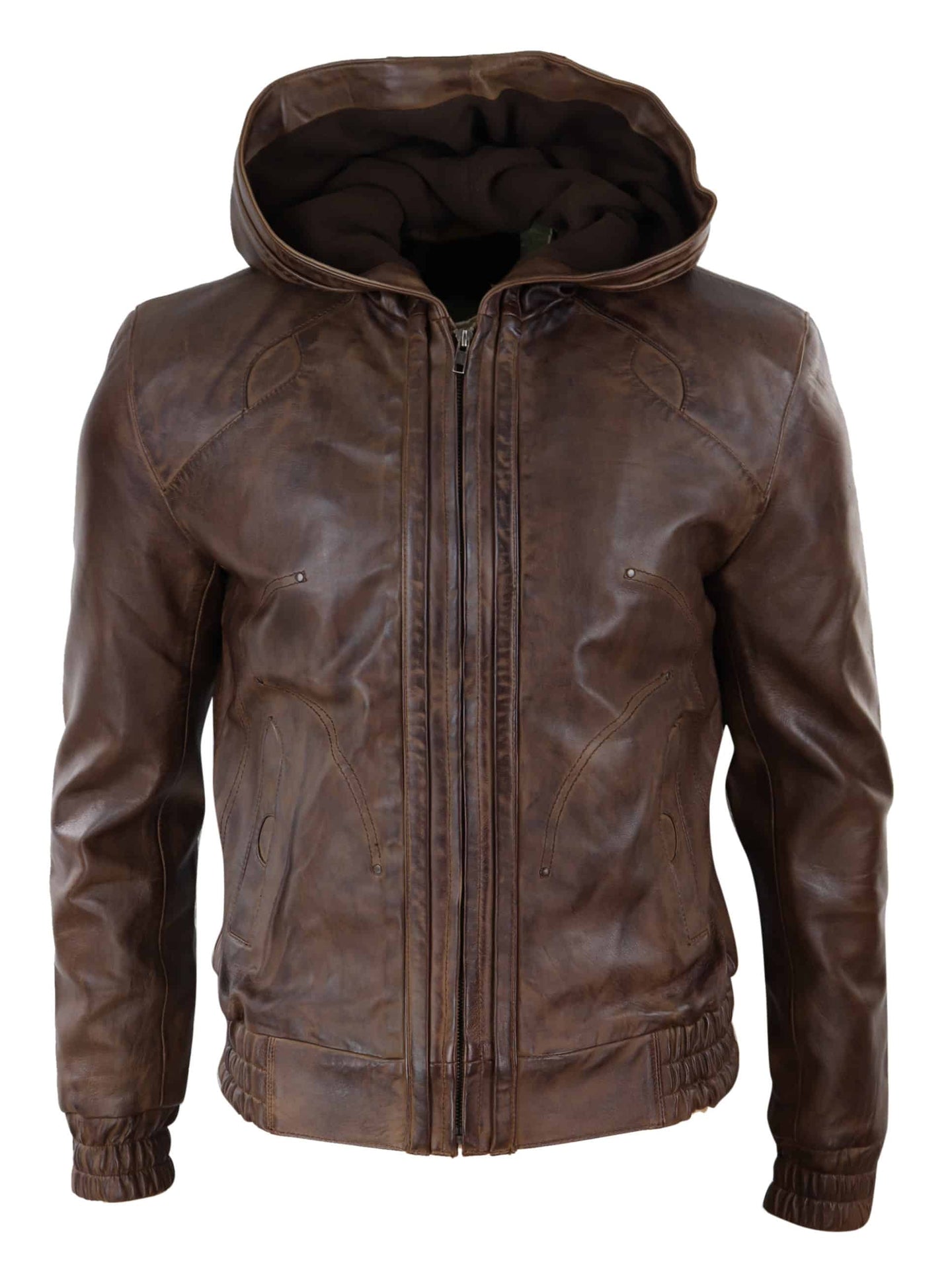 Mens Brown Leather Bomber Jacket with Hood