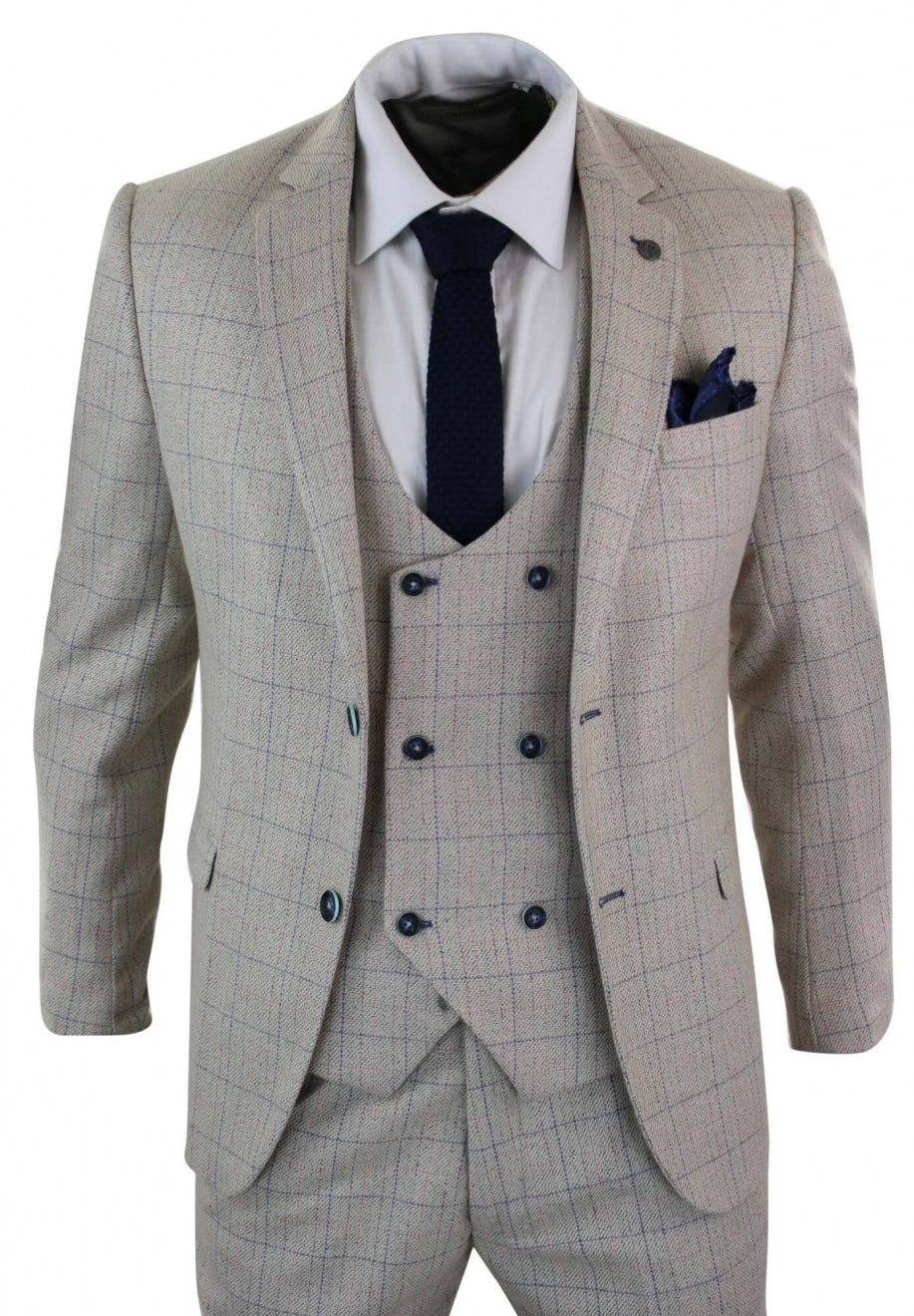 Men's 3 Piece Cream Blue-Check Suit