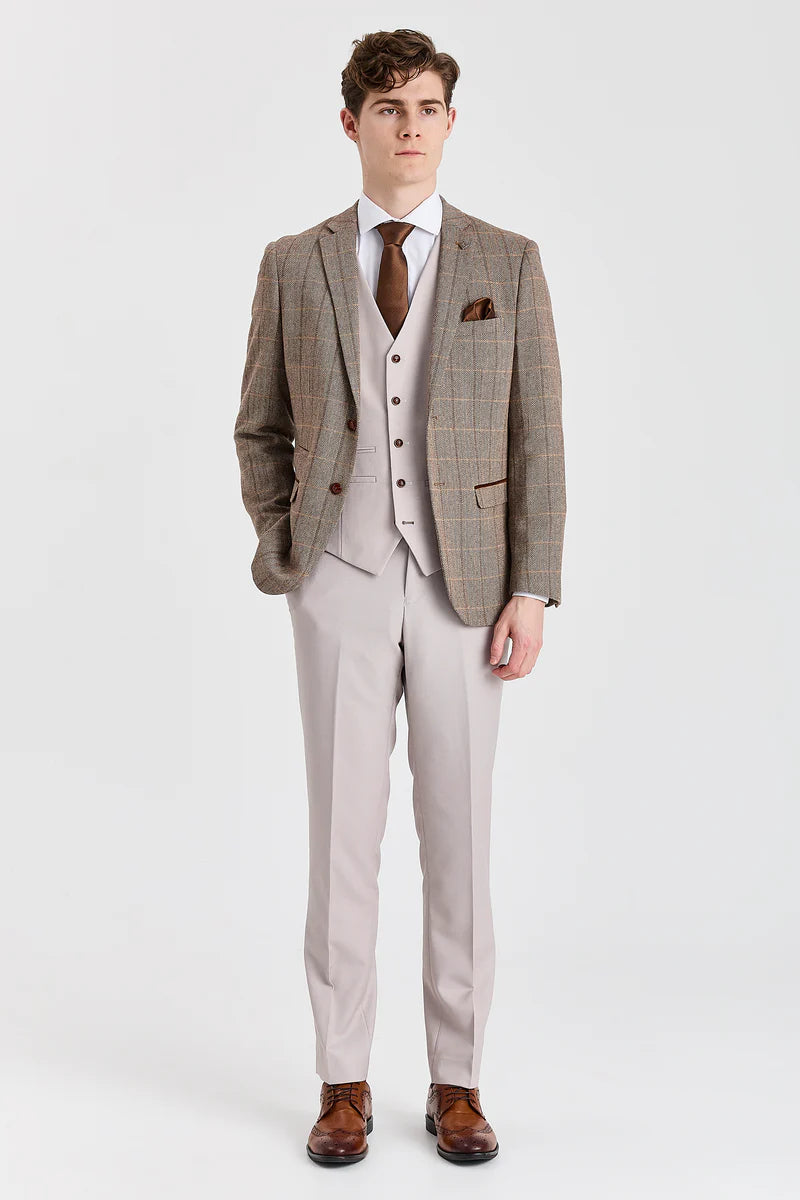 Harris Brown tweedpak met contrasterend steenkleurig vest en broek
