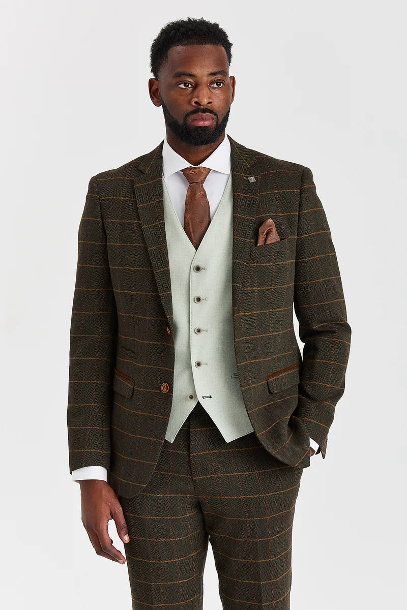 Harris Green geruit tweedpak met contrasterend Belmont Sage-vest.