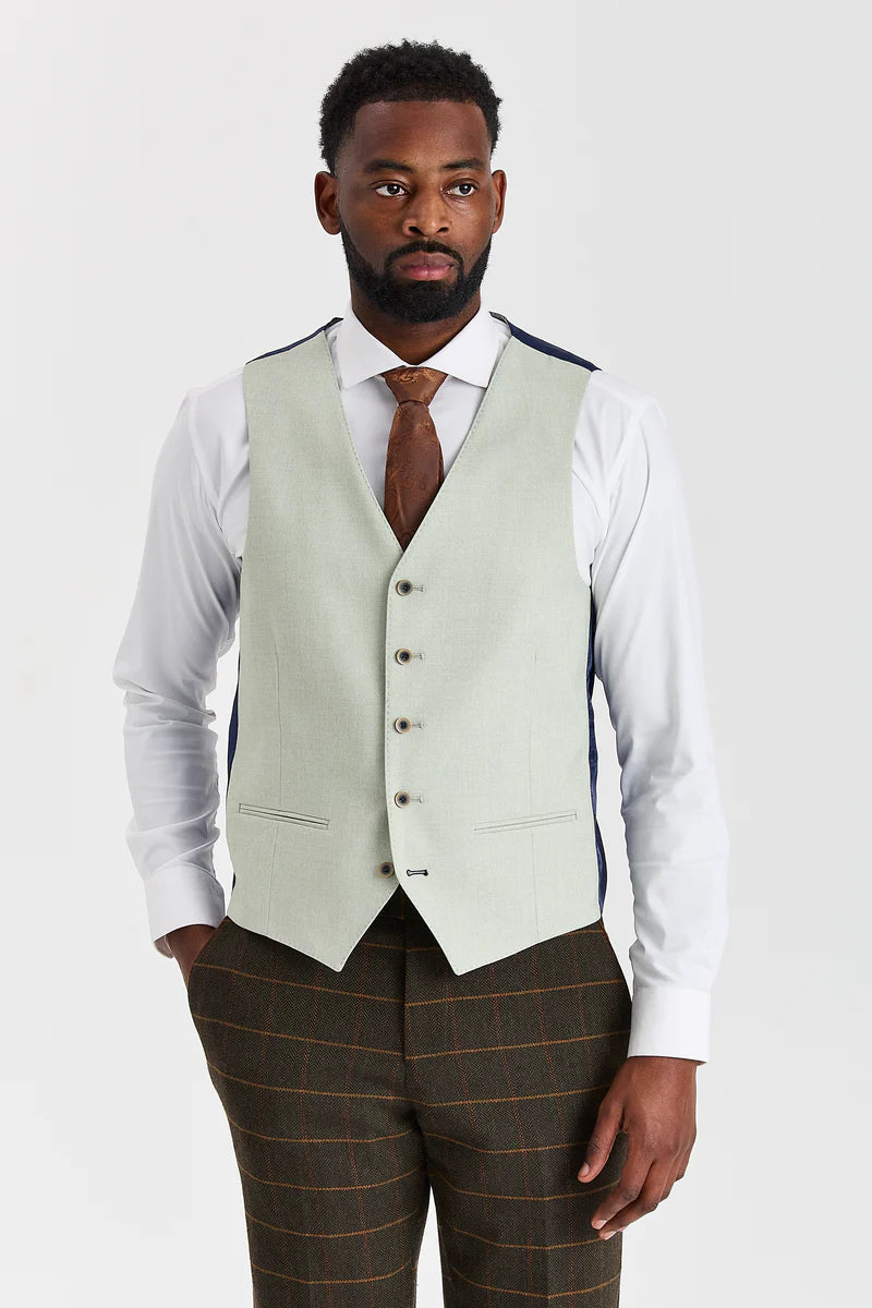 Harris Green geruit tweedpak met contrasterend Belmont Sage-vest.
