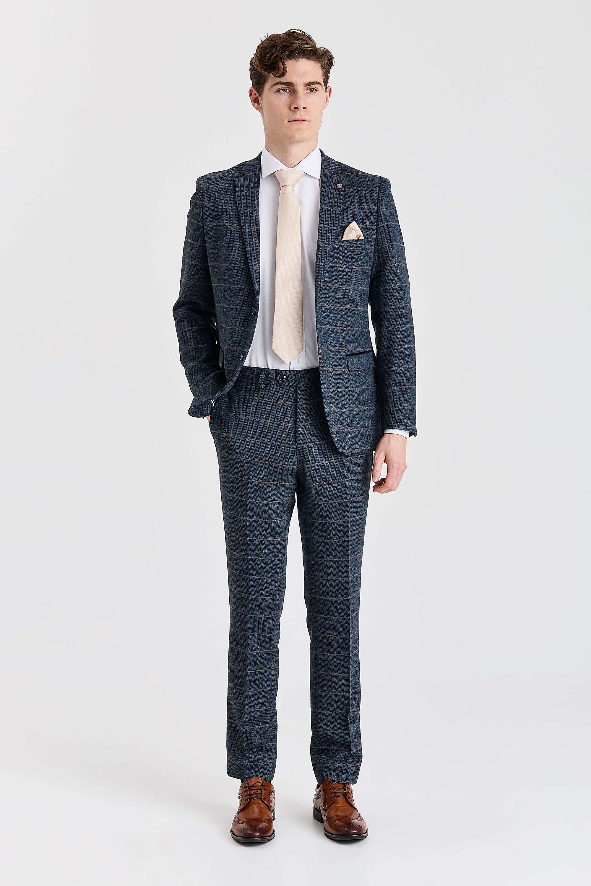 Harris - Marineblauw driedelig pak van wolmix tweed voor heren