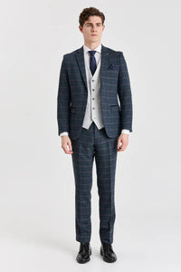 Harris marineblauwe tweedpak met contrasterend Belmont zilverkleurig vest.