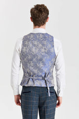 Harris marineblauwe tweedpak met contrasterend Belmont zilverkleurig vest.