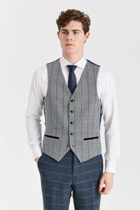 Harris marineblauwe tweedpak met Harris contrasterend grijs tweedvest.