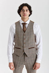 Harris - Tweed bruin vest met visgraatpatroon voor heren