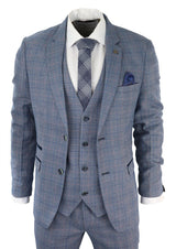 Mens 3 Piece Suit Sky Blue Check Wool Feel Marc Darcy Tailored Fit Wedding Prom Harry