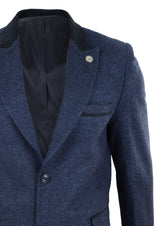 Herringbone Tweed 3/4 Long Overcoat-Navy