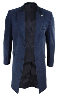 Herringbone Tweed 3/4 Long Overcoat-Navy