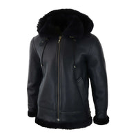 Men's Black Leather Sherling Sheepskin Hood Jacket Aviator Flying Pilot