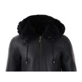 Men's Black Leather Sherling Sheepskin Hood Jacket Aviator Flying Pilot