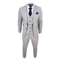 Hugo Men's Light Grey 3-Piece Suit with Navy Blue Check and Velvet Trims