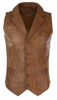 Mens Real Leather Tan Brown Black Smart Casual Gilet Waistcoat Vintage Retro-Tan