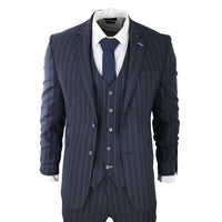 Mens 3 Piece Suit Pin Stripe Navy Classic Vintage Retro 1920s Tailored Fit Wedding
