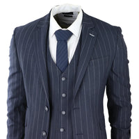 Mens 3 Piece Suit Pin Stripe Navy Classic Vintage Retro 1920s Tailored Fit Wedding