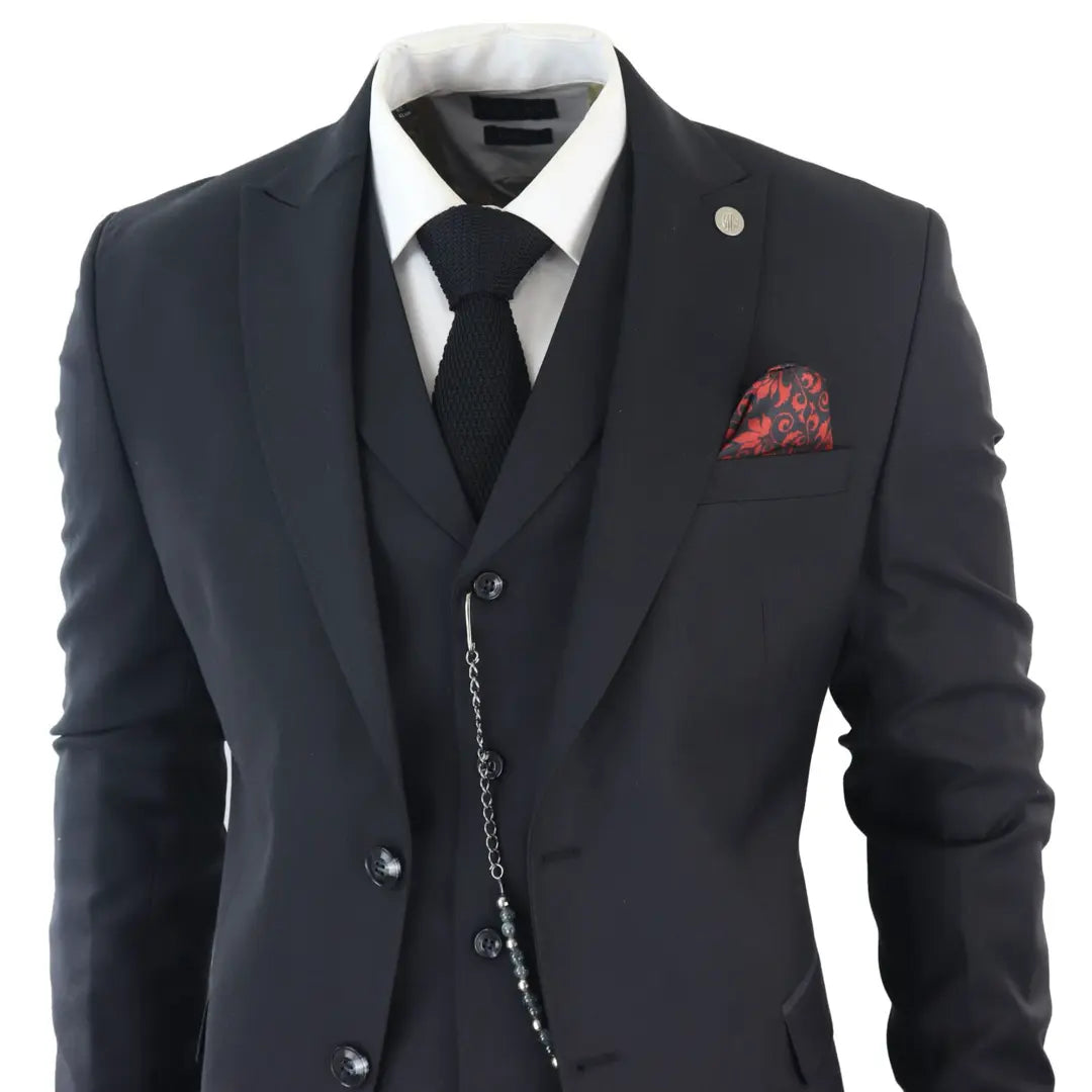 James Men's Classic Black 3-Piece Suit with Red Pocket Square