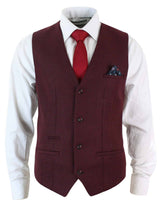 Marc Darcy Len Mati - Mens Slim Fit Burgundy Maroon Black Herringbone Tweed Vintage Retro Waistcoat