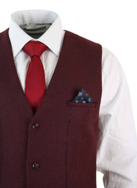 Marc Darcy Len Mati - Mens Slim Fit Burgundy Maroon Black Herringbone Tweed Vintage Retro Waistcoat