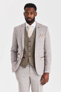 Leo Beige pak met contrasterend Harris Brown Tweed vest