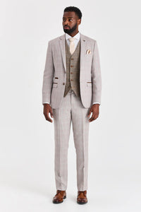 Leo Beige pak met contrasterend Harris Brown Tweed vest