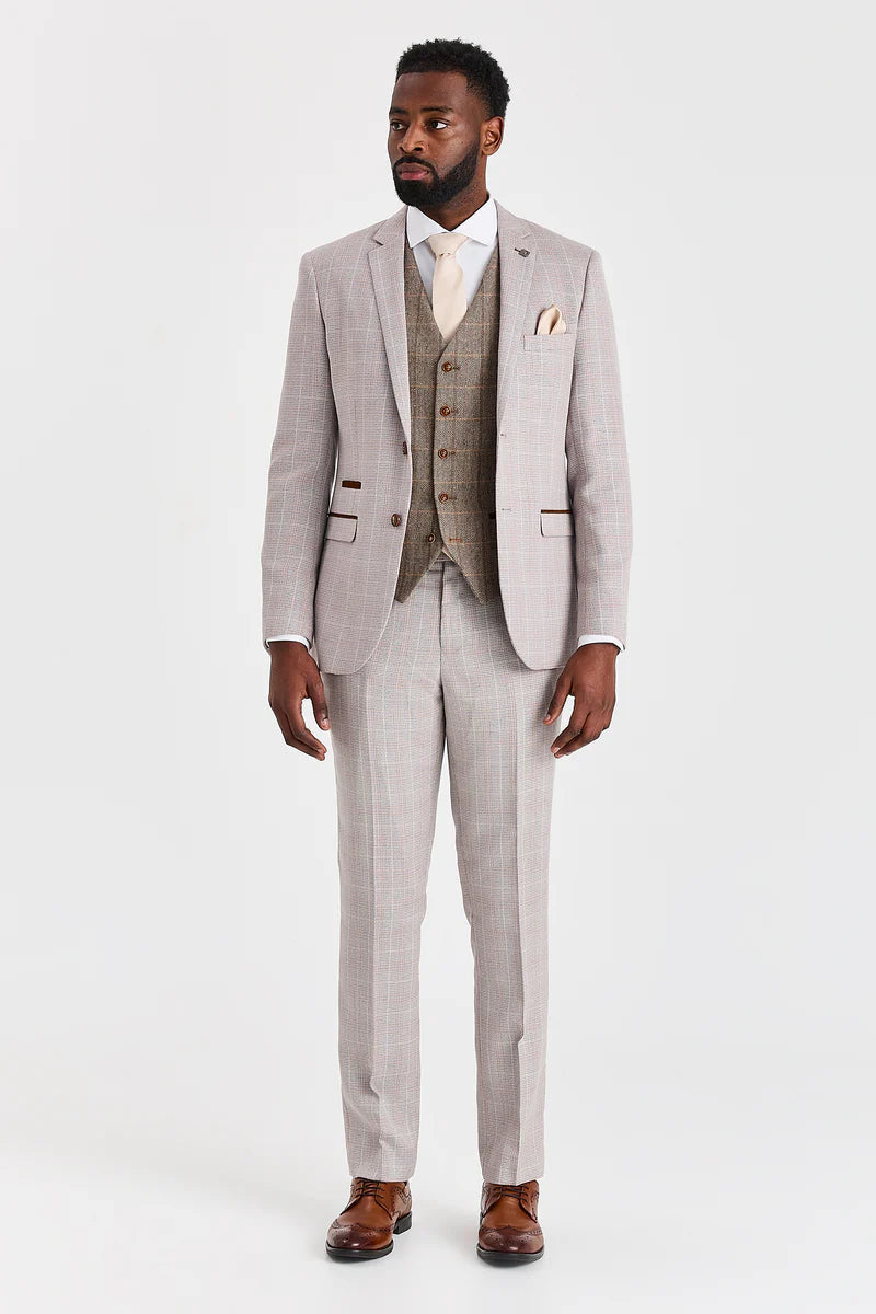 Leo Beige pak met contrasterend Harris Brown Tweed vest