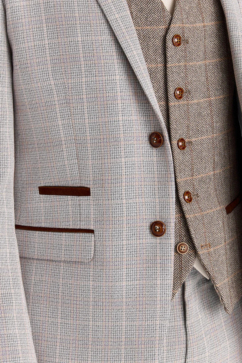 Leo Beige pak met contrasterend Harris Brown Tweed vest