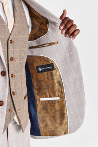 Leo Beige pak met contrasterend Harris Brown Tweed vest