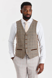 Leo Beige pak met contrasterend Harris Brown Tweed vest