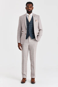 Leo beige pak met Harris marineblauwe tweed gilet