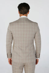 Leo - Men's Beige 3 Piece Checked Tailored Fit Suit