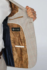 Leo - Men's Beige 3 Piece Checked Tailored Fit Suit