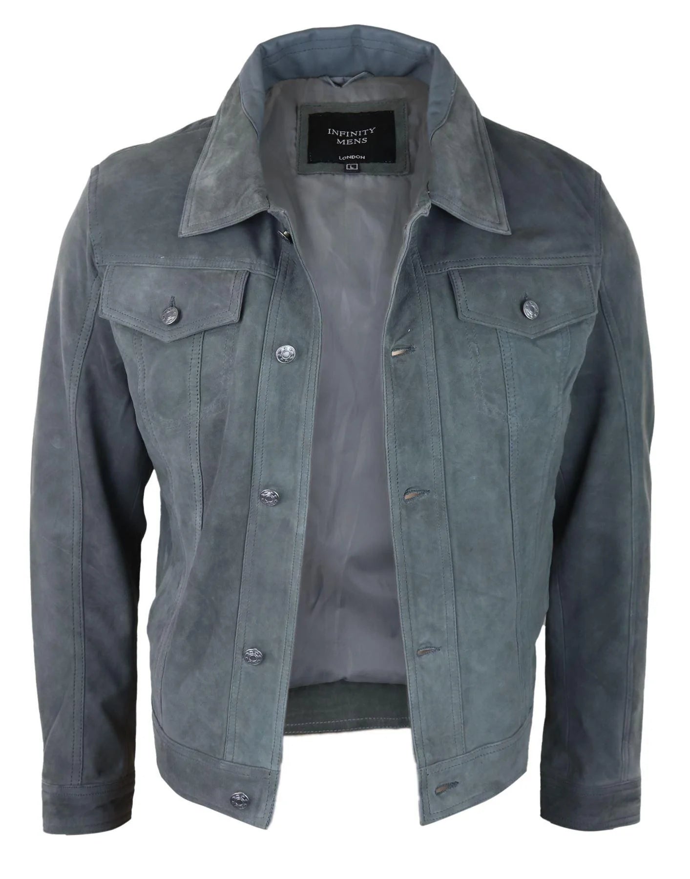 Mens Genuine Suede Jacket Leather Jeans Denim Short Mens Biker Classic Vintage Grey