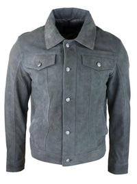 Mens Genuine Suede Jacket Leather Jeans Denim Short Mens Biker Classic Vintage Grey