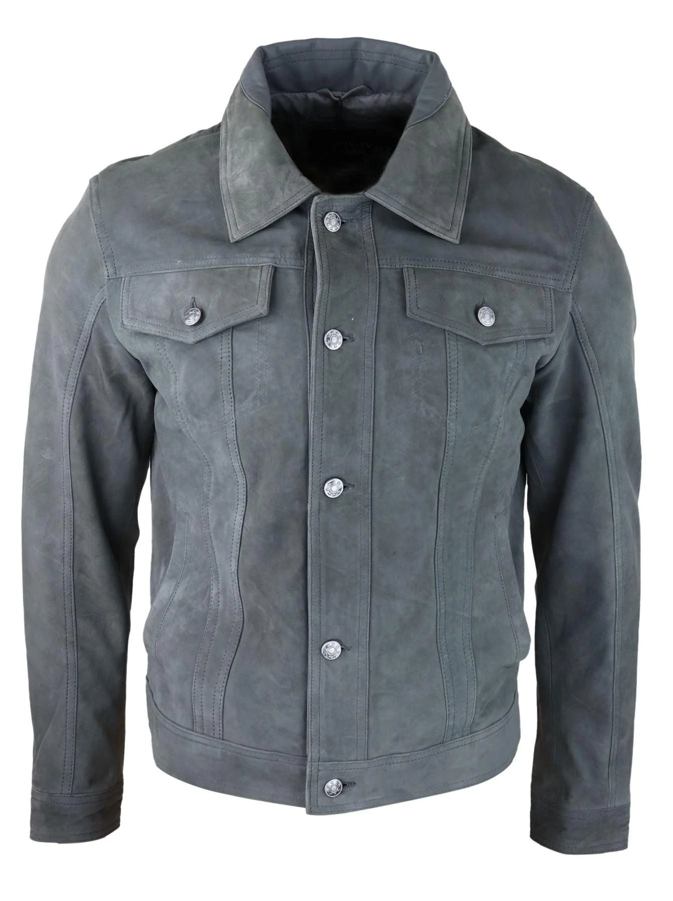 Mens Genuine Suede Jacket Leather Jeans Denim Short Mens Biker Classic Vintage Grey