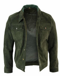 Real Suede Leather Mens Vintage Short Denim Style Retro Jean Jacket Casual - Olive Color