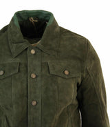 Real Suede Leather Mens Vintage Short Denim Style Retro Jean Jacket Casual - Olive Color