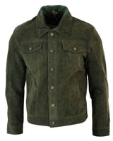 Real Suede Leather Mens Vintage Short Denim Style Retro Jean Jacket Casual - Olive Color