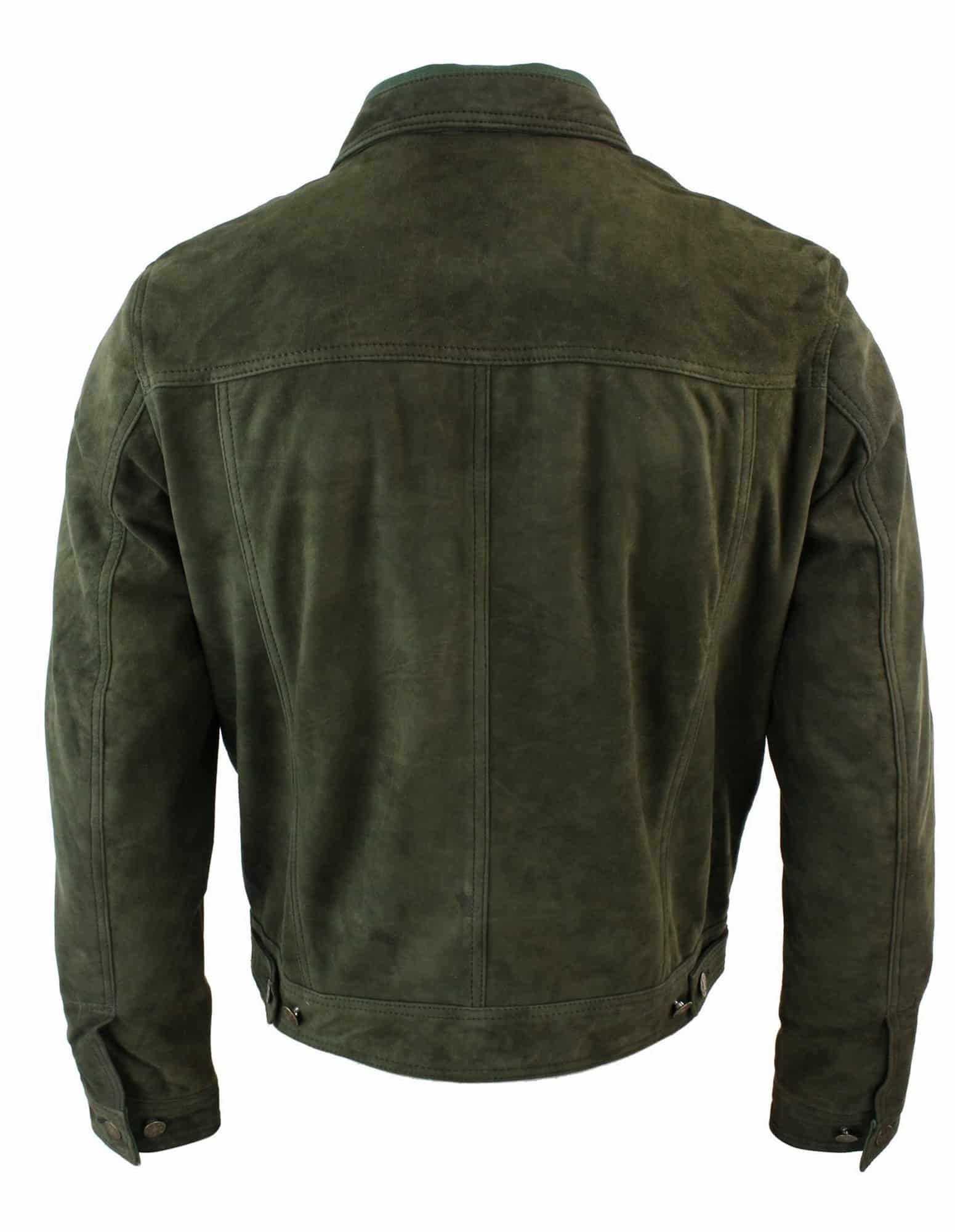 Real Suede Leather Mens Vintage Short Denim Style Retro Jean Jacket Casual - Olive Color