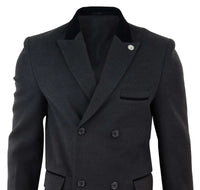 Mens 3/4 Long Double Breasted Charcoal Overcoat