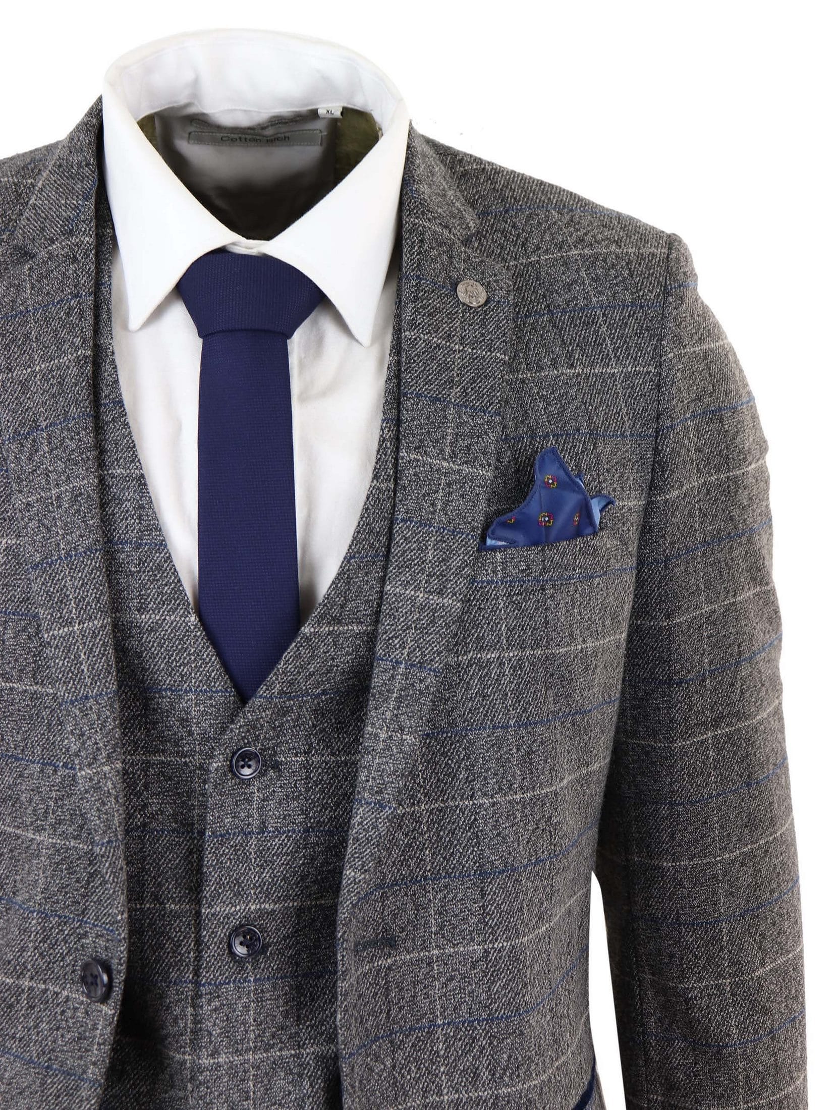 Marc Darcy Scott - Mens Grey with Blue Check 3 Piece Suit