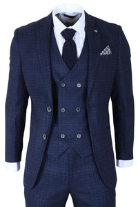 Blue checkered suit with vest and tie on a white background