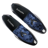 Men's Slip On Tassel Velvet Detailed Patent Navy Loafers